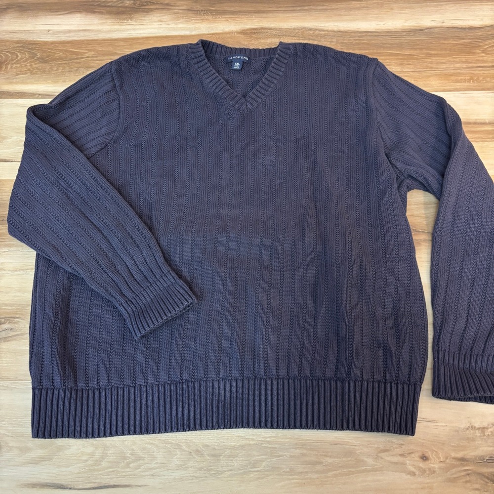 Lands' End Sweater Mens XXL V Neck Knit Sweater Blue Gray Cotton Blend Pullover‎